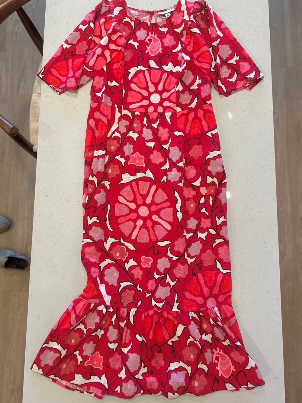 NWOT Rhode Pink Floral Linen Midi Dress with Statement Sleeves Size 12 Designer